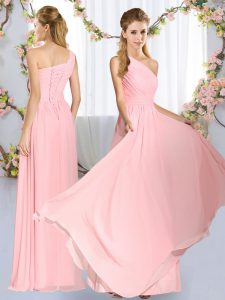 Baby Pink Chiffon Lace Up Court Dresses for Sweet 16 Sleeveless Floor Length Ruching