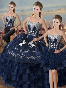 Top Selling High Low Navy Blue Sweet 16 Quinceanera Dress Satin and Organza Sleeveless Embroidery and Ruffles