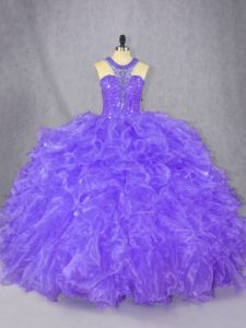 Purple Sleeveless Organza Zipper Quince Ball Gowns for Sweet 16 and Quinceanera