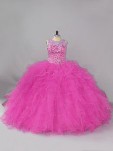 Top Selling Fuchsia Scoop Neckline Beading and Ruffles 15 Quinceanera Dress Sleeveless Lace Up