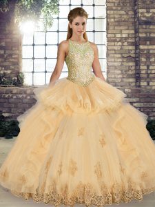 Champagne Tulle Lace Up Scoop Sleeveless Floor Length Sweet 16 Dresses Lace and Embroidery and Ruffles