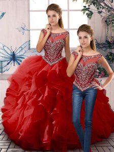 Luxurious Sleeveless Organza Floor Length Zipper Quinceanera Gown in Red with Beading and Ruffles