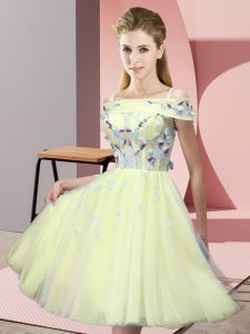 Popular Off The Shoulder Short Sleeves Dama Dress Knee Length Appliques Yellow Tulle
