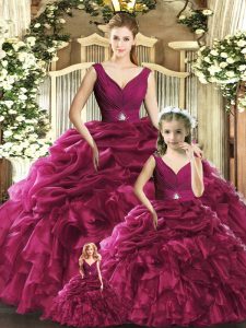 Latest Burgundy Ball Gowns Ruffles 15 Quinceanera Dress Backless Organza Sleeveless Floor Length