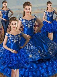 Fantastic Royal Blue Off The Shoulder Lace Up Embroidery and Ruffled Layers Ball Gown Prom Dress Sleeveless