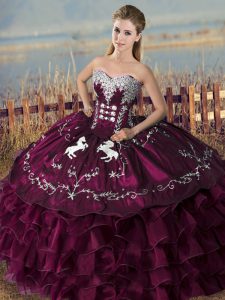 Simple Sweetheart Sleeveless Satin and Organza 15th Birthday Dress Embroidery and Ruffles Lace Up