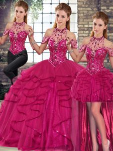 Fuchsia Lace Up 15th Birthday Dress Beading and Ruffles Sleeveless Floor Length