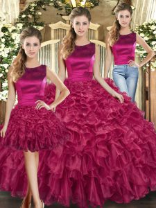 Fuchsia Three Pieces Scoop Sleeveless Organza Floor Length Lace Up Ruffles Quinceanera Dresses