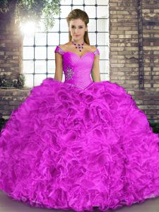 Lilac Lace Up Quince Ball Gowns Beading and Ruffles Sleeveless Floor Length