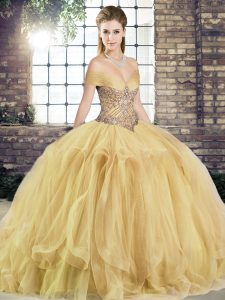 Fantastic Off The Shoulder Sleeveless Lace Up Quinceanera Dresses Gold Tulle