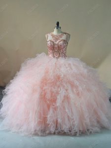 Fitting Lace Up Vestidos de Quinceanera Peach for Sweet 16 and Quinceanera with Beading and Ruffles Brush Train