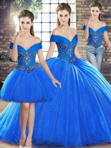 Beading Quince Ball Gowns Royal Blue Lace Up Sleeveless Brush Train