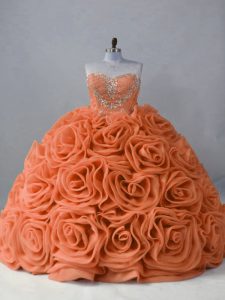 Wonderful Orange Ball Gowns Sweetheart Sleeveless Fabric With Rolling Flowers Brush Train Lace Up Beading 15 Quinceanera Dress