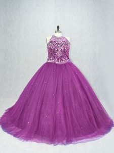 Simple Purple Lace Up Scoop Beading Vestidos de Quinceanera Tulle Sleeveless