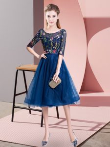Extravagant Navy Blue Scoop Lace Up Embroidery Dama Dress Half Sleeves