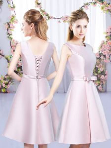 New Style Scoop Sleeveless Dama Dress Mini Length Bowknot Baby Pink Satin
