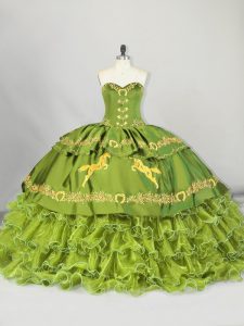 Shining Olive Green Satin and Organza Lace Up Quinceanera Dresses Sleeveless Brush Train Embroidery and Ruffled Layers