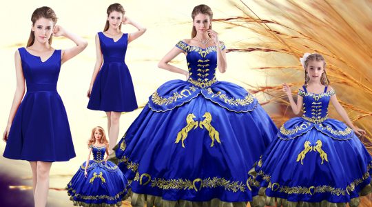 Royal Blue Sleeveless Embroidery Floor Length Quince Ball Gowns