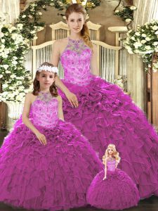 Fuchsia Lace Up Halter Top Beading and Ruffles Quinceanera Gown Organza Sleeveless