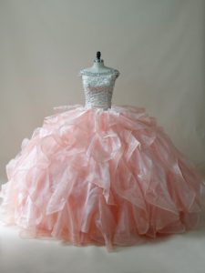 Delicate Peach Off The Shoulder Neckline Beading and Ruffles Quinceanera Gown Sleeveless Zipper
