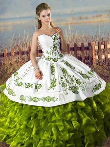 Custom Made Olive Green Ball Gowns Sweetheart Sleeveless Satin and Organza Floor Length Lace Up Embroidery and Ruffles Sweet 16 Dress