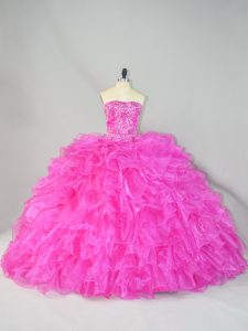 Clearance Hot Pink Sleeveless Beading and Ruffles Lace Up Quince Ball Gowns