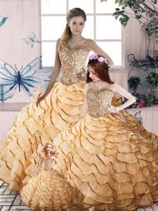 Champagne Quinceanera Gowns Sweet 16 and Quinceanera with Beading and Ruffled Layers Sweetheart Sleeveless Brush Train Lace Up