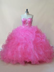 Hot Pink Ball Gowns Beading and Ruffles Sweet 16 Dress Lace Up Tulle Sleeveless Floor Length