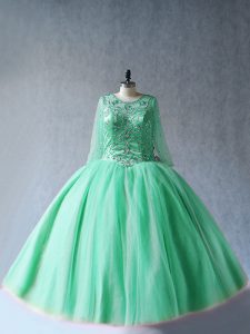 Traditional Apple Green Lace Up Scoop Beading Quinceanera Gown Tulle Long Sleeves
