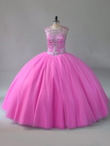Traditional Rose Pink Sleeveless Tulle Lace Up Quinceanera Dresses for Sweet 16 and Quinceanera