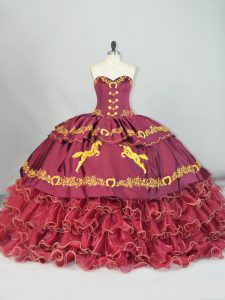 New Arrival Burgundy 15th Birthday Dress Sweet 16 and Quinceanera with Embroidery and Ruffled Layers Sweetheart Sleeveless Brush Train Lace Up