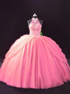 Most Popular Pink Ball Gowns Tulle Halter Top Sleeveless Beading and Pick Ups Lace Up 15 Quinceanera Dress