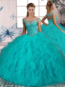 Aqua Blue Ball Gowns Off The Shoulder Sleeveless Tulle Brush Train Lace Up Beading and Ruffles Sweet 16 Dresses