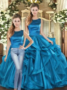 Fashionable Teal Lace Up Scoop Ruffles Sweet 16 Dresses Organza Sleeveless