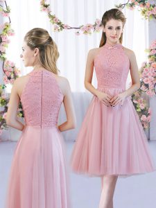 High-neck Sleeveless Quinceanera Dama Dress Tea Length Lace Pink Tulle