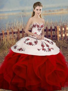 Dynamic White And Red Tulle Lace Up Sweetheart Sleeveless Floor Length 15th Birthday Dress Embroidery and Ruffles and Bowknot
