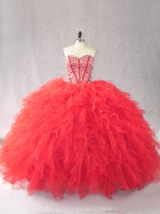 Best Sweetheart Sleeveless Lace Up Ball Gown Prom Dress Red Tulle