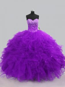 Purple Sweetheart Neckline Beading and Ruffles 15th Birthday Dress Sleeveless Lace Up