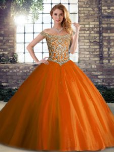 Charming Orange Red Lace Up Sweet 16 Dress Beading Sleeveless Brush Train