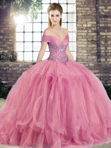 Off The Shoulder Sleeveless Ball Gown Prom Dress Floor Length Beading and Ruffles Watermelon Red Tulle