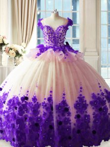 Excellent Scoop Sleeveless Tulle Quinceanera Gowns Hand Made Flower Brush Train Zipper
