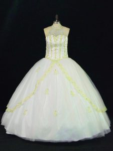 Fantastic Sleeveless Tulle Floor Length Lace Up Sweet 16 Dress in Yellow And White with Appliques