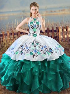 Fantastic Turquoise Sleeveless Embroidery and Ruffles Floor Length Quinceanera Dresses