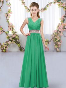 Luxurious Turquoise Damas Dress Wedding Party with Beading and Belt V-neck Sleeveless Lace Up