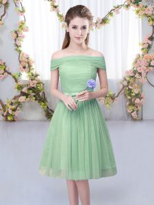 Stylish Tulle Off The Shoulder Short Sleeves Lace Up Belt Dama Dress for Quinceanera in Green