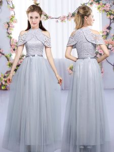 Grey Empire Lace and Belt Quinceanera Court Dresses Zipper Tulle Sleeveless Floor Length