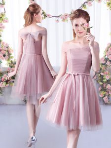 Delicate Sleeveless Knee Length Belt Lace Up Quinceanera Court of Honor Dress with Pink