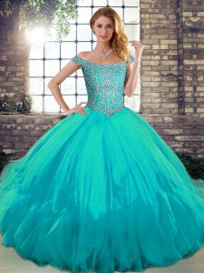 Eye-catching Aqua Blue Tulle Lace Up Quinceanera Gown Sleeveless Floor Length Beading and Ruffles