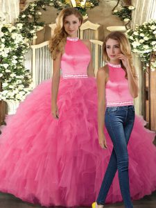 Halter Top Sleeveless Backless 15 Quinceanera Dress Hot Pink Tulle