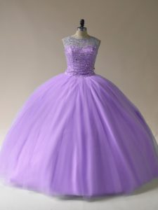 Luxurious Lavender Lace Up Scoop Beading 15th Birthday Dress Tulle Sleeveless
